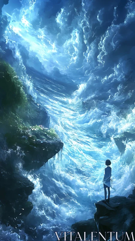 Solitary human figure observing turbulent oceanic chasm.