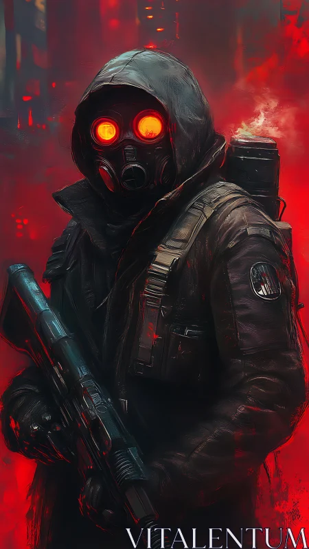 Gas-masked urban enforcer stands in neon red dystopian haze
