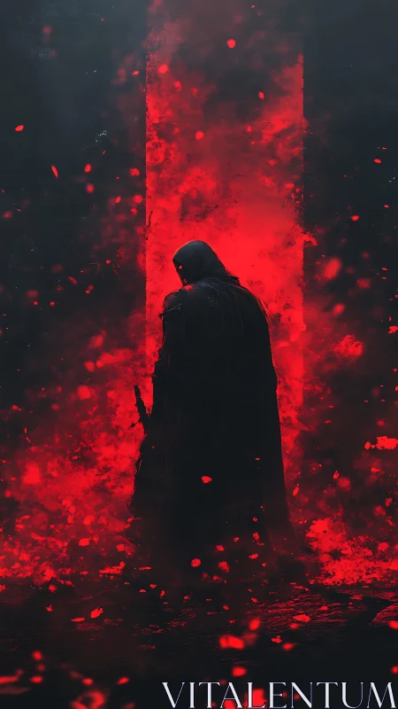 Hooded figure before vertical red portal in dark space.