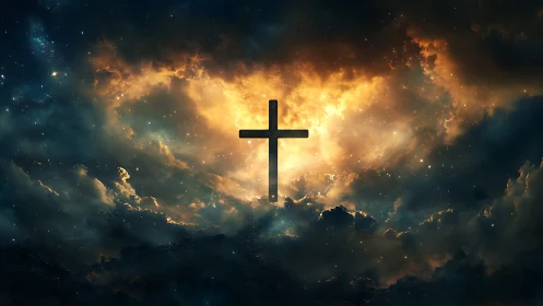 Luminous cross silhouette centered in turbulent celestial storm