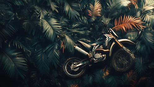 Enduro motorcycle slices through dense tropical foliage in profile