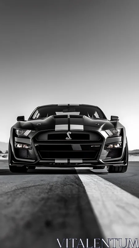 Monochrome muscle car frontal portrait on desert track.