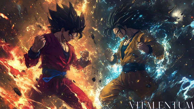 Dueling flame and storm warriors locked in cosmic standoff.