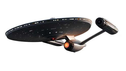 Sleek starship glides through open space in bright detail