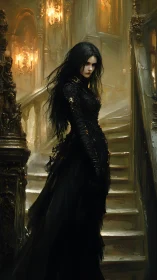 Midnight sorceress lingers in a cathedral of molten gold