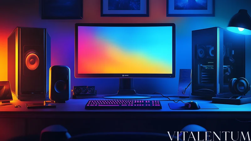 Colorful dual-tone gaming desk glows in cozy neon light