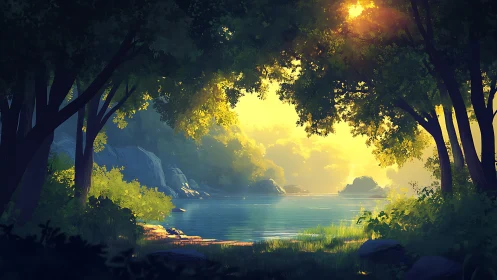 Luminous forest cavern frames serene turquoise lagoon beneath golden canopy light.