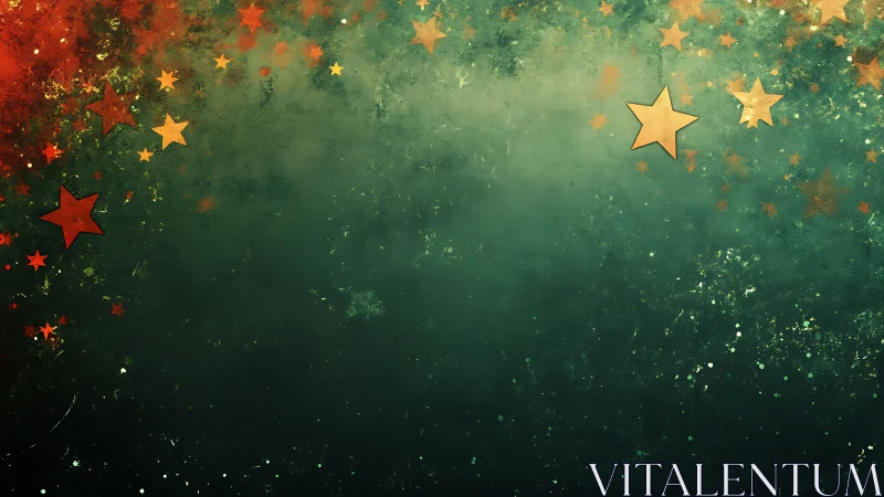 Golden and red stars drift across textured emerald sky