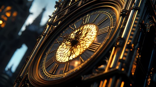 Gilded clockwork giant leans into dusk and sings in light