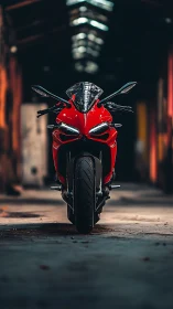 Red sport motorcycle centered in dim industrial interior.