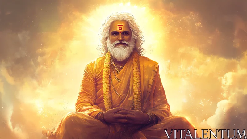 Luminescent sage in radiant aureole with symbolic tilak mark.