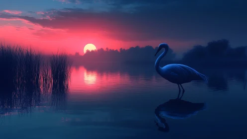 Moonlit heron in rosy dusk reflections over calm water.
