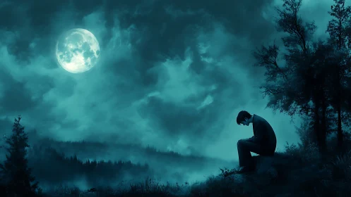 Figure sits on a forest hillside under a large full moon