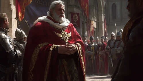 Regal elder commander in red ceremonial cloak among armored guard