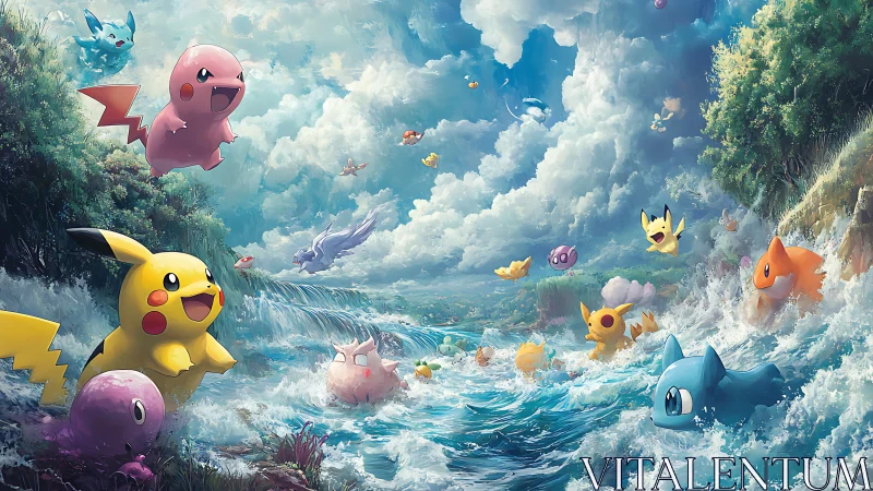 Playful electric creatures surge through stormy coastal surf.