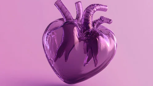 Glassy purple anatomical heart on soft pink background, digital art.