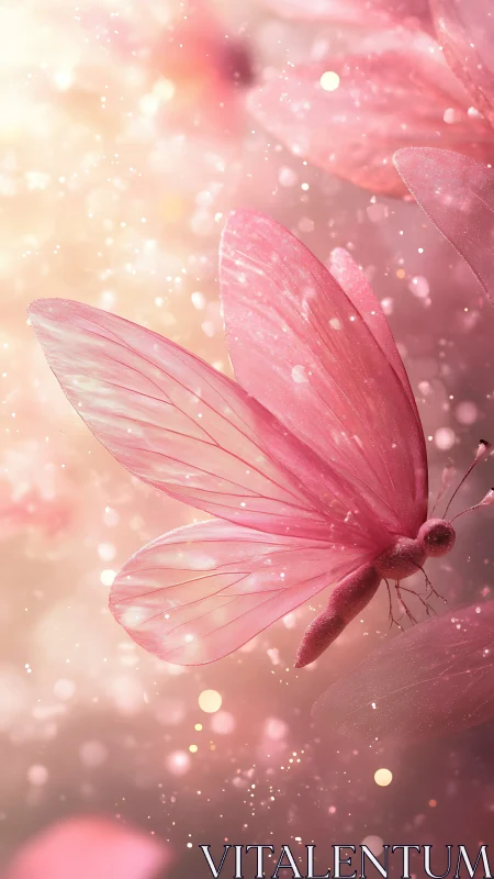 Soft pink butterfly drifting through glowing dreamy light.