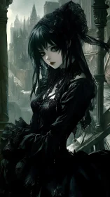 Gothic female figure in dark dress before castle ruins.