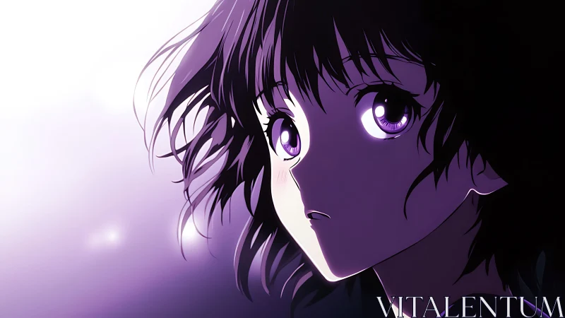 Backlit anime portrait with violet spectral rim lighting.
