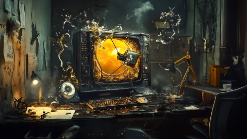 Exploding retro monitor in chaotic cyberpunk workspace.