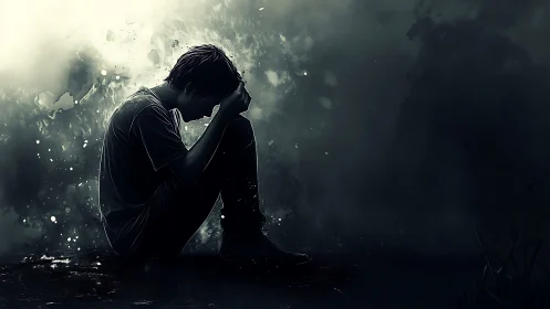 Solitary silhouette folds inward as stormy darkness blooms