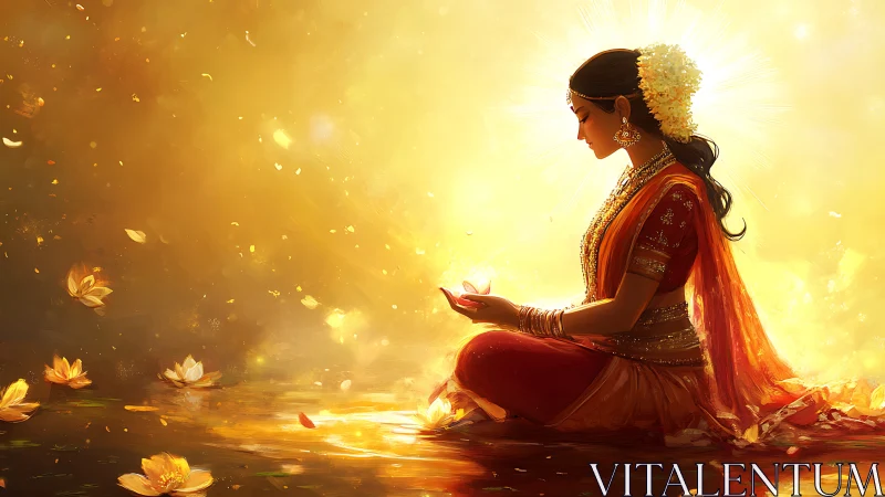 Woman in traditional dress sits praying in golden light