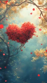 Heart-Shaped Tree in Luminous Forest Landscape.