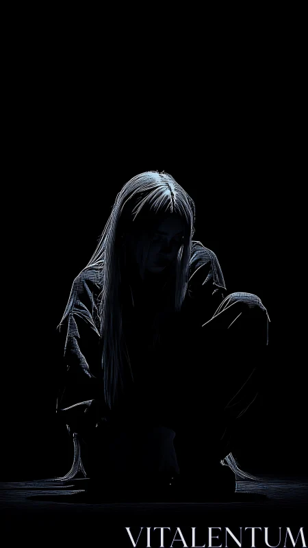 Silhouetted woman crouches in darkness under cold rim light