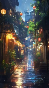 Lantern-lit rainstorm turns a narrow city alley into glass