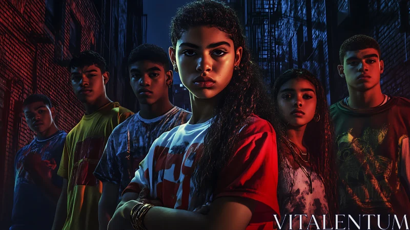 Teen street crew stands united in vivid neon alleyway.