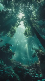Upward view through dense forest canopy with light penetration