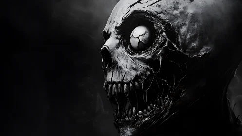 Monochrome skeletal horror with cracked single eye socket.