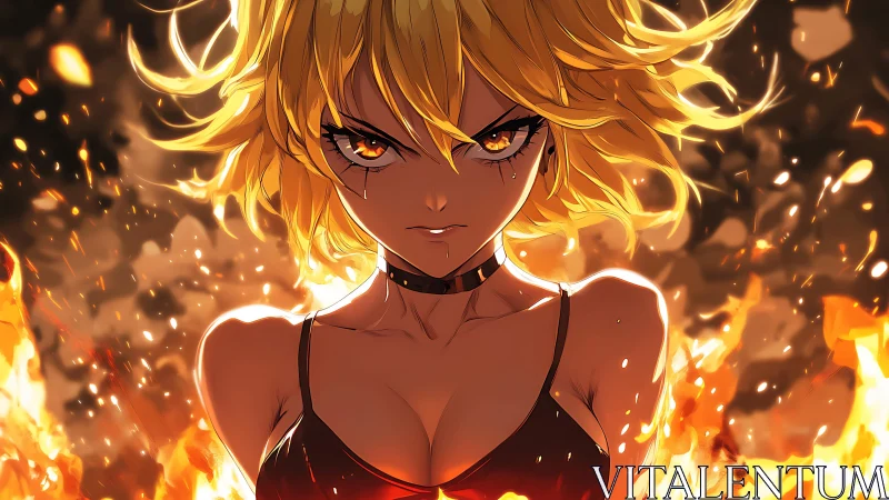 Fierce blonde anime girl standing in intense surrounding fire.
