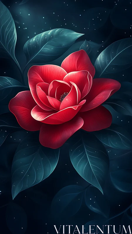 Luminescent crimson rose rendered with volumetric subsurface scattering against nocturnal celestial 