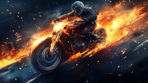 Motorcycle rider speeds through dark road in blazing fire
