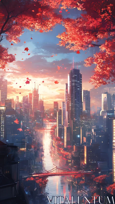 Autumn-hued futuristic city glows along a winding river at dusk.