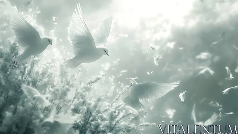 White doves in soft light over misty flowering meadow.