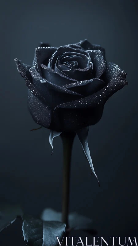 Midnight black rose glowing softly with dewy elegance.