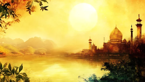 Golden riverside sunrise embracing a dreamlike palace.