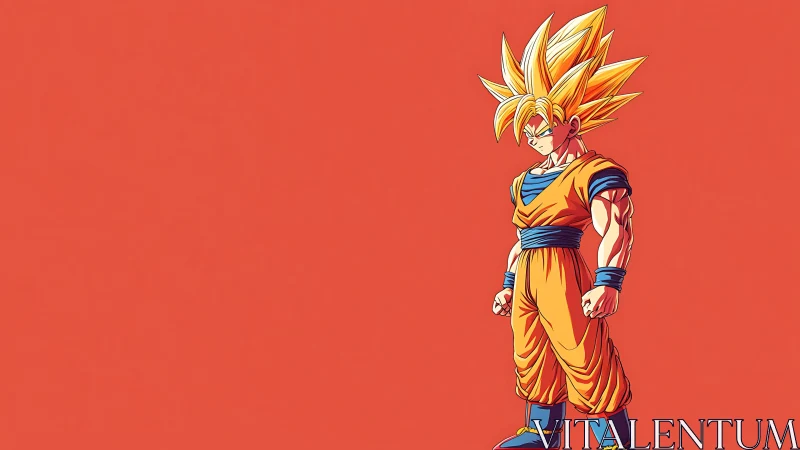 Spiky haired anime fighter on bold orange background.