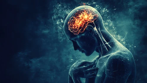 Human silhouette glows as neural firestorm ignites the brain.