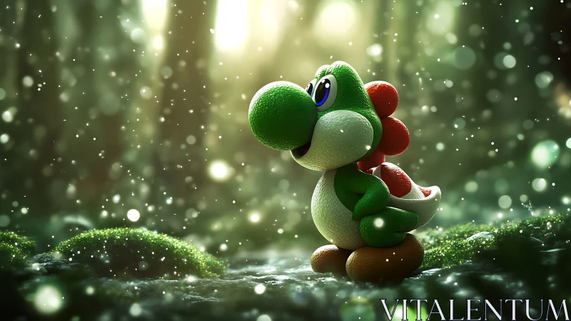 Forest sprite dino soaks in glittering dawn magic light.