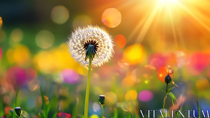Dandelion seedhead glows beneath golden sunlight.