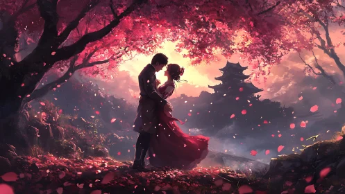 Couple beneath flowering tree at sunset with pagoda silhouette