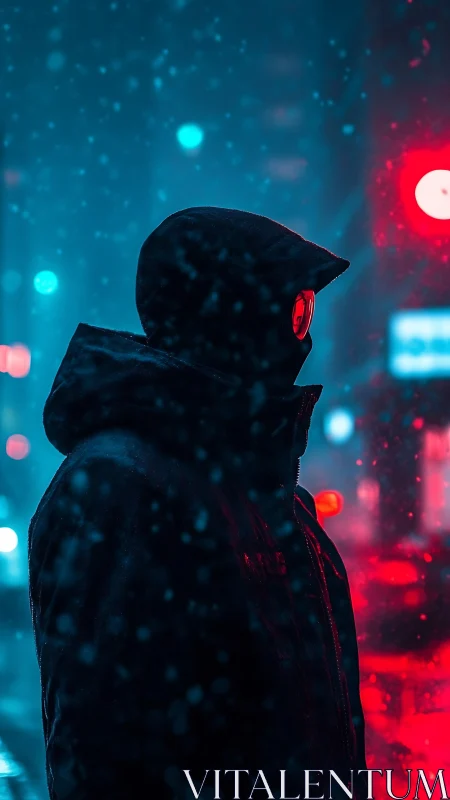 Hooded urban silhouette in neon blue red atmospheric snowfall.