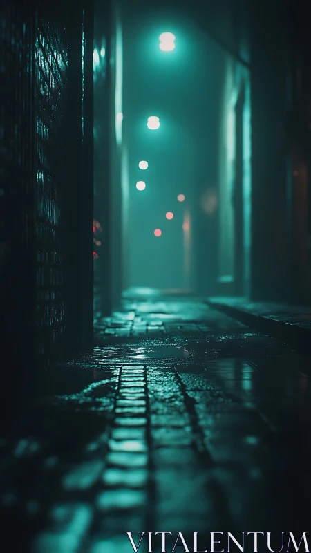 Rain-slick alleyway glows under cold teal fog lights.
