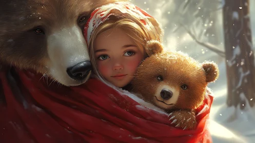 Girl and bears share winter warmth under a red cloak.