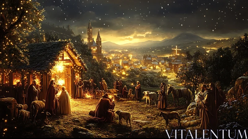 Midnight nativity glows above a starlit, golden valley town.