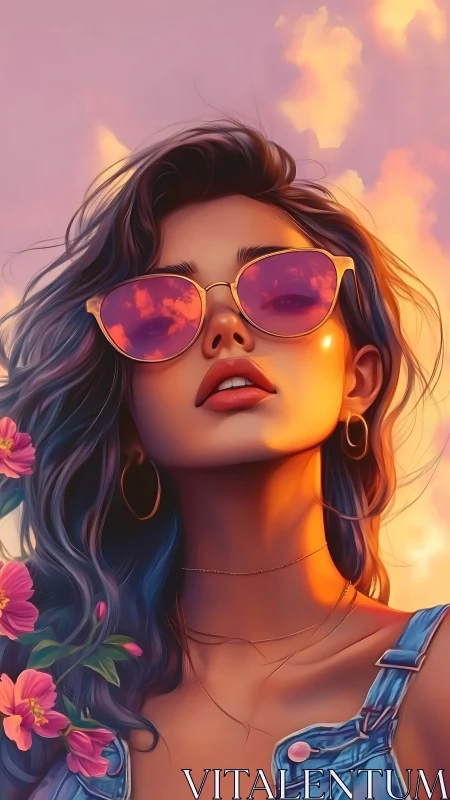 Digital portrait of woman in sunglasses under sunset sky.