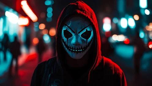 Hooded figure in sinister mask under neon city lights.